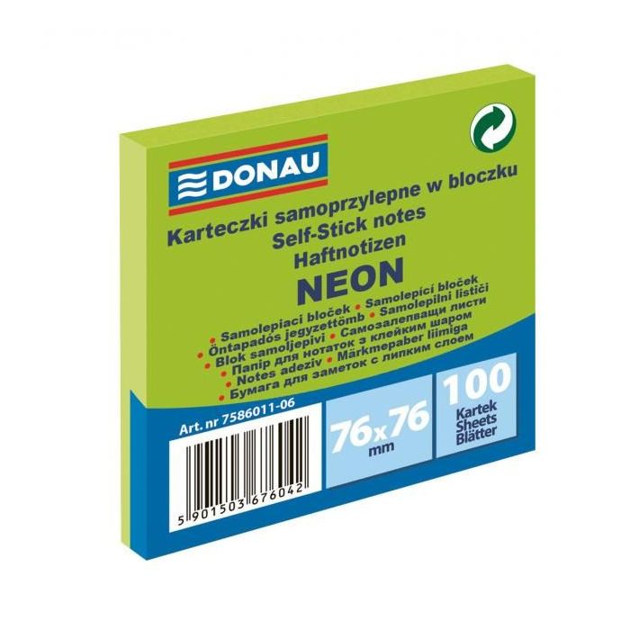 Bloček DONAU 76 x 76 mm, neónová zelená, 100 lístkov 