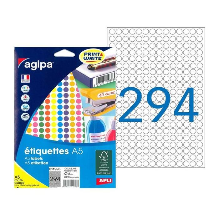 Etikety kruhové 8mm Agipa A5 mix 7 farieb 