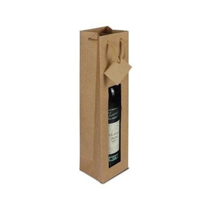 Papierová taška na víno s okienkom hnedá, bavlnené ušká (1ks) 