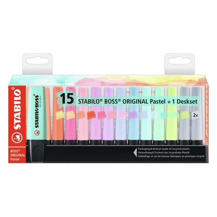 Sada zvýrazňovačov STABILO BOSS ORIGINAL Pastel 15 ks Stolný set so 14 rôznymi farbami 