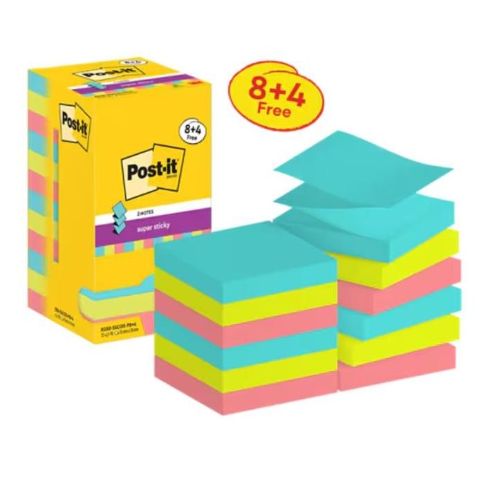 Silný samolepiaci Z-bloček Post-it,76 mm x 76 mm, 90 lístkov v bločku, Cosmic, 12 bločkov v balení 